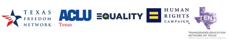 Logo of equality coalitions in Texas including Texas Freedom Network, ACLU Texas, Equality Texas, HRC, and TENT