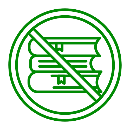 A simple green line icon of a stack of books inside a ban circle.