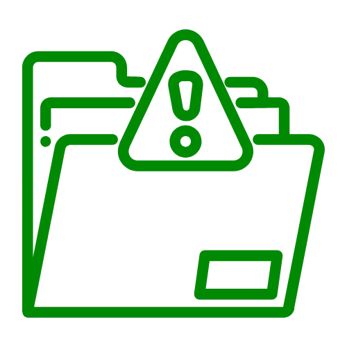 A simple green line icon of a file folder with a caution symbol.