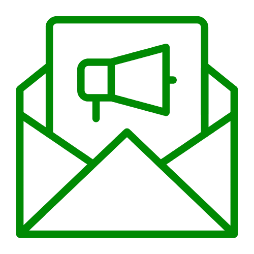 A simple green line icon of an open envelope with a piece of paper sticking out. On the piece of paper is a megaphone.