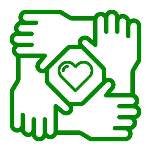 A simple green line icon of 4 hands holding each other surrounding a heart.