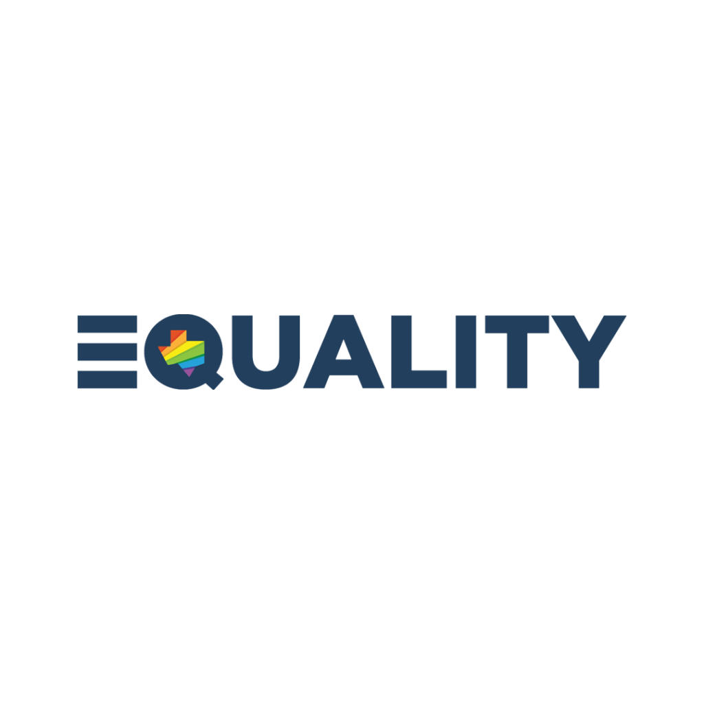 The Equality Texas full logo in blue. The logo is the word EQUALITY in all capital letters. The E is 3 horizontal blue lines stacked on top of each other. Inside the letter Q is the shape of Texas filled with rainbow stripes.