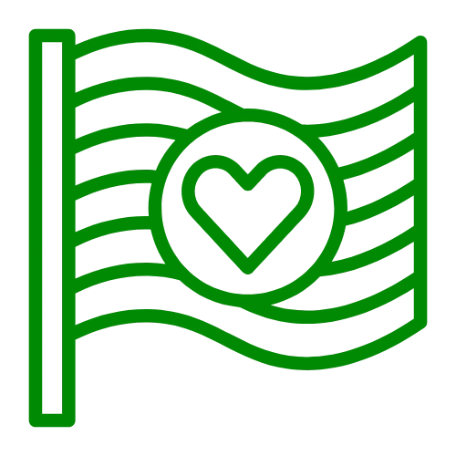 A simple green line icon of a pride flag with a heart on it.