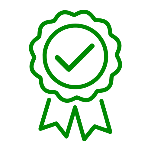 A simple green line icon of an achievement ribbon with a checkmark on it.