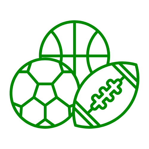 A simple green line icon of a soccer ball, football, and basketball.