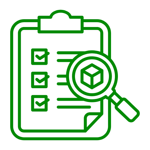 A simple green line icon of a clipboard and checklist with a magnifying glass examining one item.