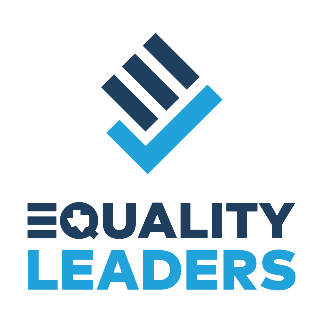 Equality Leaders logo. The logo is 3 dark blue diagonal lines above a lighter blue L that is mirrored. Underneath it reads "Equality Leaders"