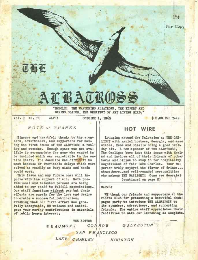 A newspaper clipping from October 1, 1965 called The Albatross.