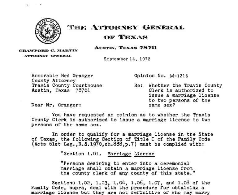 A memo from the Attorney General of Texas dated September 14, 1972 regarding whether marriage licenses can be issues to same-sex couples.