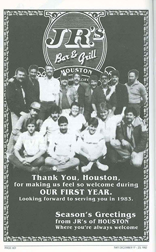 A newspaper ad from 1982 for JR's bar and grill in Houston.