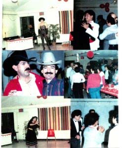 A collage of color photos from 1985 of people dancing at an event.