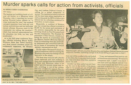 A newspaper clipping from 1991 with the headline "Murder sparks calls to action from activists, officials"