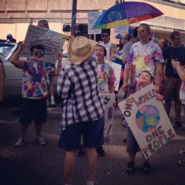 A color photo from 2014 of people celebrating the first Pride event in Beaumont.