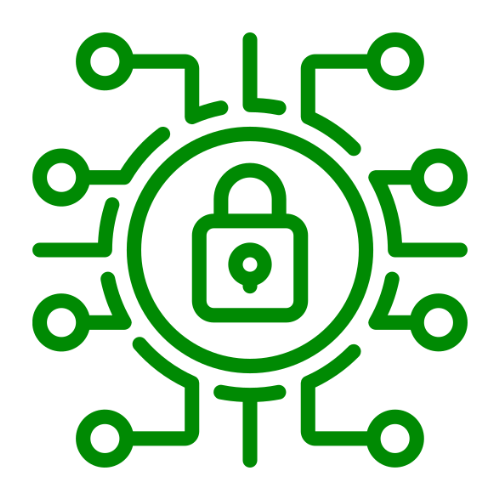 A simple green line icon of a lock surrounded by digital paths.