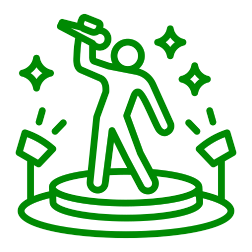 A simple green line icon of a person on a stage holding a microphone up high surrounded by spotlights and sparkles.