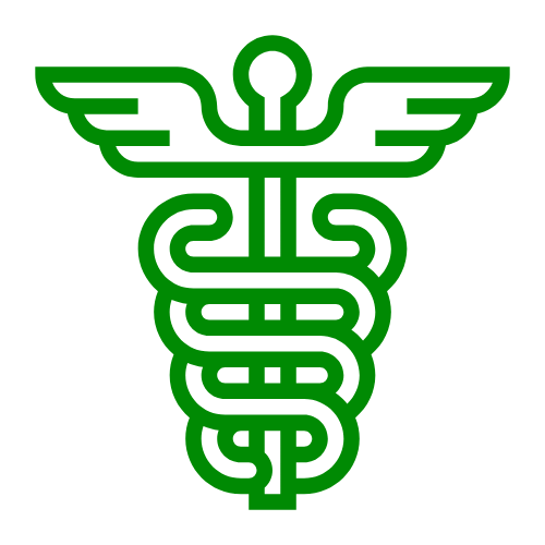 A simple green line icon of the caduceus, a staff with two snakes coiled around it, symbolizing medical care.