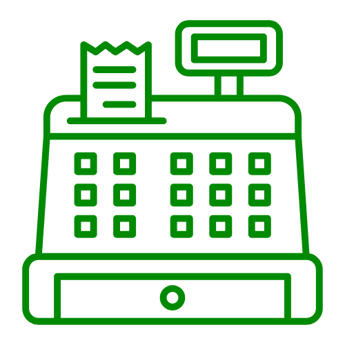 A simple green line icon of a cash register.