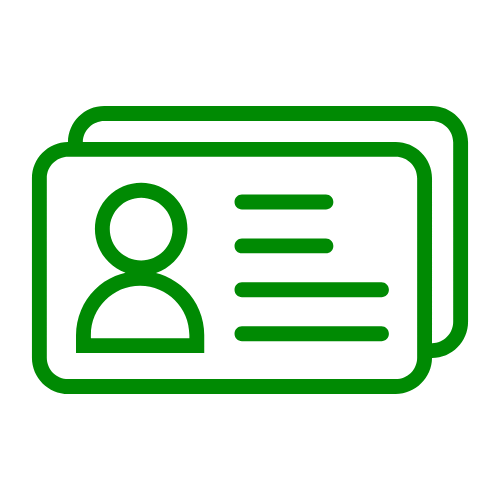 A simple green line icon of an ID card.