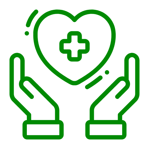 A simple green line icon of of two hands surrounding a heart with a plus sign on it.