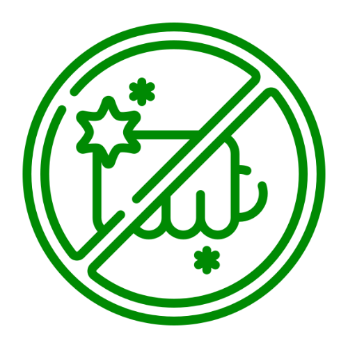 A simple green line icon of a fist mid-punch inside a ban circle.