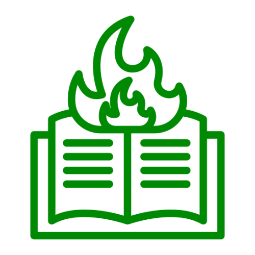 A simple green line icon of a book on fire.