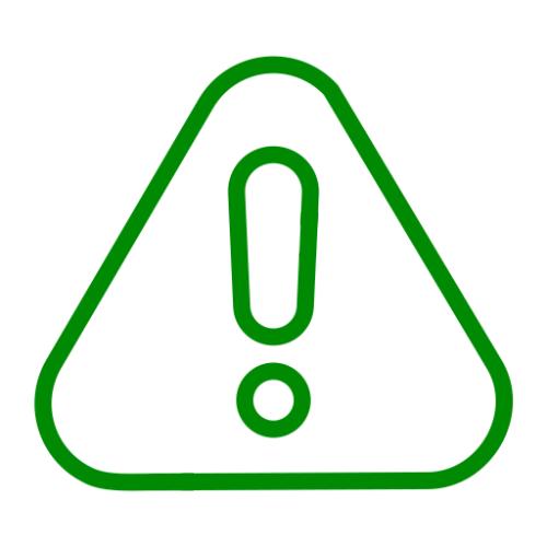 A simple green line icon of a triangular caution sign with an exclamation point in the middle.