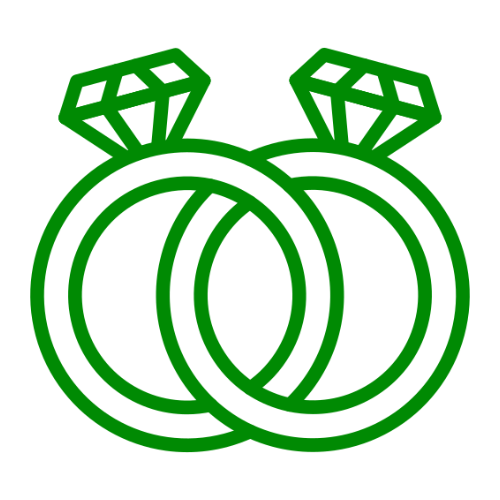 A simple green line icon of two diamond rings intertwined.