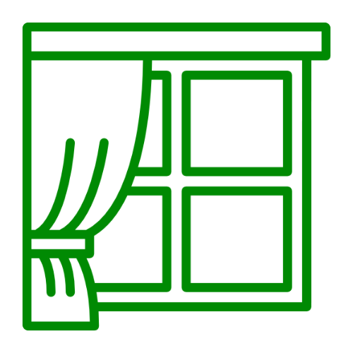 A simple green line icon of a window with curtains partially covering one side.