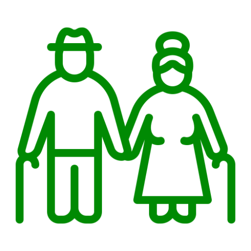 A simple green line icon of two older people holding hands and using canes.