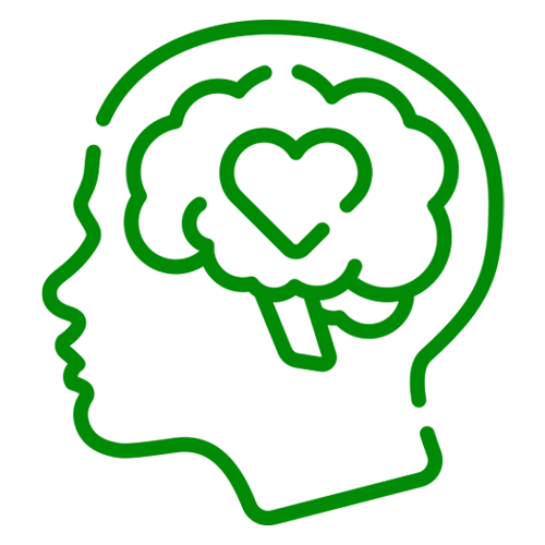 A simple green line icon of a person's head in profile showing their brain with a heart on it.