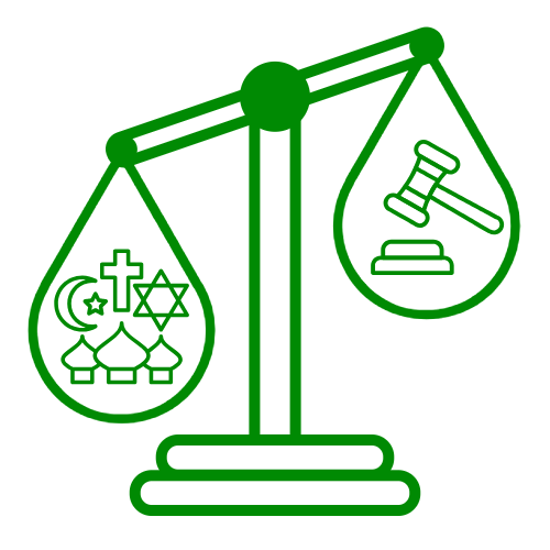 A simple green line icon of a scale with religious symbols on one side and a gavel on the other side. The scale is tipped toward the side with religious symbols.