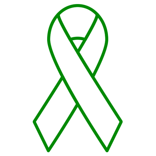 A simple green line icon of a ribbon.