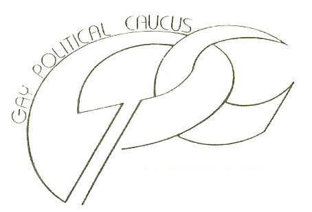 A pencil sketch from a 1979 newsletter depicting abstract shapes intertwined with the words "Gay political caucus" written on it.