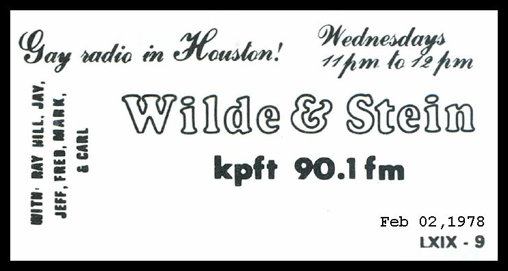 A newspaper clipping from February 2, 1978 advertising Wilde & Stein—a gay radio station in Houston.