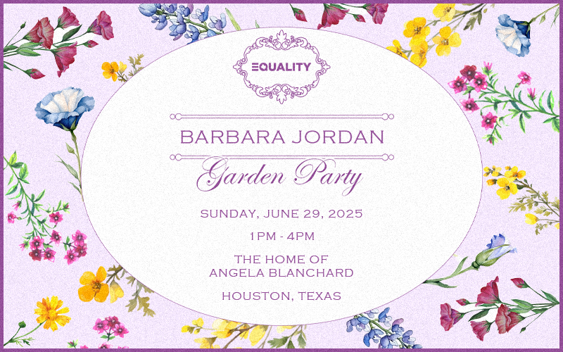 A while oval over a light purple background with flowers. Text in the oval reads "Barbara Jordan Garden Party" with event details below it that say "Sunday, June 29, 2025 at 1pm to 4pm at the Home of Angela Blanchard in Houston, Texas"