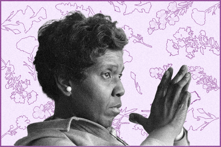 A portrait of Barbara Jordan in black and white with her hands raised together as though she is deep in thought. The image is placed on top of a lavender background with outlines of flowers in a darker purple color.